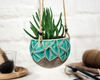 Small turquoise ceramic hanging planter | wall hanging planter | indoor planter pot | succulent planter | cactus planter | boho wall decor