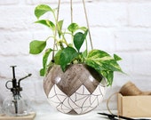 Large hanging planter indoor ceramic plant hanger plant holder geometric carved speckled white farmhouse decor gardening gift