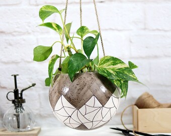 Large ceramic hanging planter indoor with geometric pattern | wall hanging planter pot | garden patio decor | indoor outdoor | planter gift