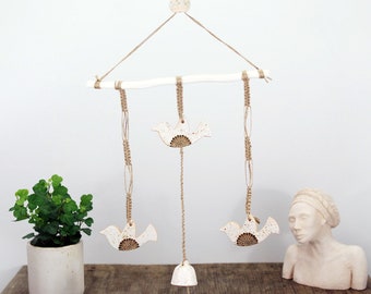 Handmade Ceramic Flying Bird Wind Chime: Rustic Home Decor