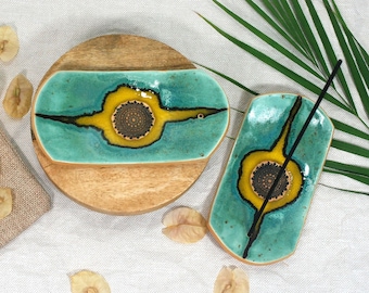 Handgemaakte keramische wierookhouder | turquoise wierookbrander | aardewerk wierookstokjesbrander | wierookschaaltje | boho home decor mindfulness cadeau