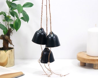 Matte black ceramic zen bells | rustic wind chime bells | wall hanging bells | garden wind bells | zen harmony decor | garden patio decor