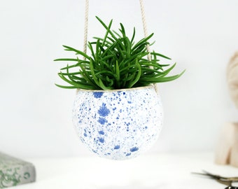 Small white ceramic hanging planter with speckled blue dots | wall hanging planter pot | succulent planter | modern home decor | plant gift