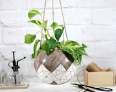 Large hanging planter pot farmhouse decor hand-painted texture in speckled white indoor outdoor garden ceramic plant lover gift