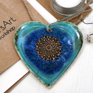 1 Large turquoise ceramic heart decor with mandala hanging heart ornament wall decor heart home decor boho thank you gift image 5