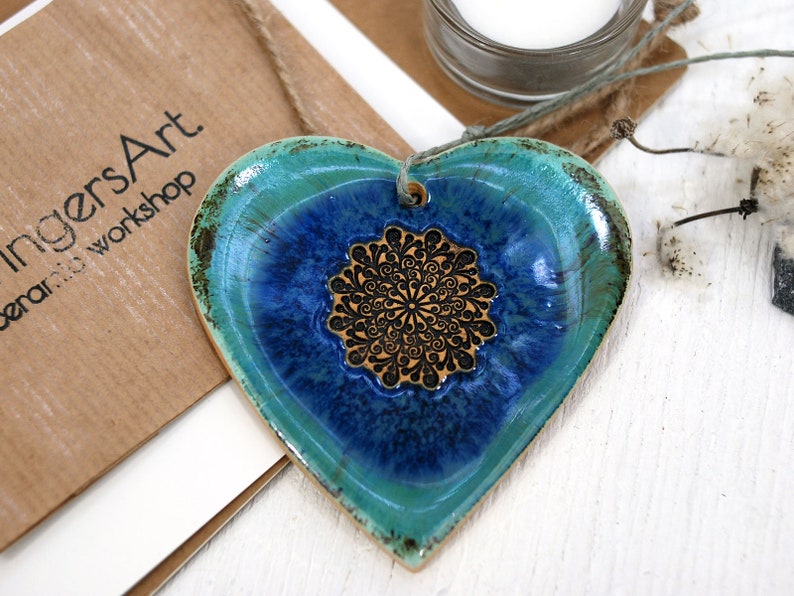 1 Large turquoise ceramic heart decor with mandala hanging heart ornament wall decor heart home decor boho thank you gift image 5