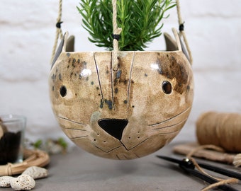 Large ceramic hanging planter | cute smiling cat planter |  indoor outdoor use | animal planter | cat lovers gift