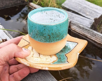 Ceramic coffee tea tumbler with leaf-shaped saucer saucer | coffee cup | tea cup | pottery cup | gift for mom