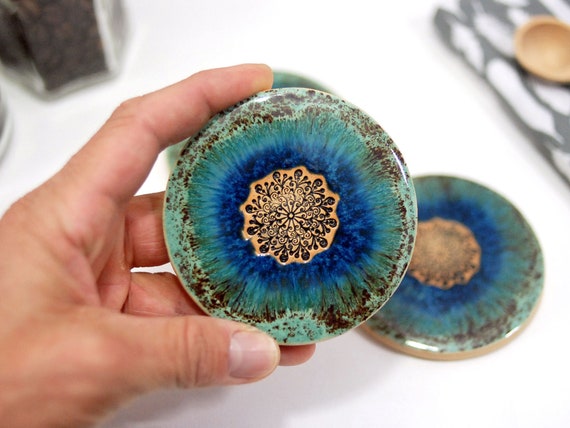 Handmade Ceramic Coaster Set of 3 Blue Crackle Coasters Tile Coasters Spoon  Rest Tealight Holder Kitchen Decor Kitchen Gift 