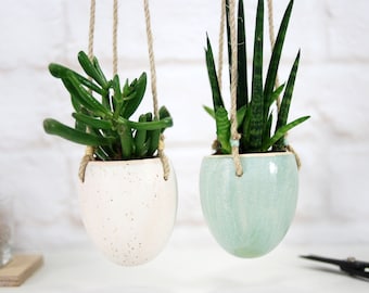 Mini succulent hanging planter | matte white or mint modern planter | ceramic plant hanger for succulent, air plants, cactus | new home gift