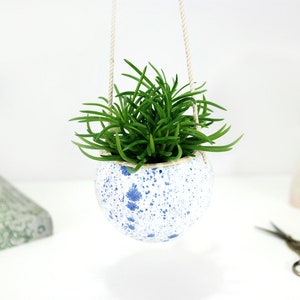 Small white ceramic hanging planter with speckled blue dots wall hanging planter pot succulent planter modern home decor plant gift image 10