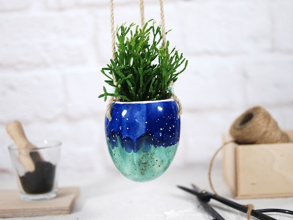 Handmade Turquoise Ceramic Hanging Planter: Boho Home Decor - Etsy