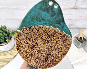 Ceramic Appetizer Plate, Organic Shape Serving Tray, Turquoise Glaze Decorative Board