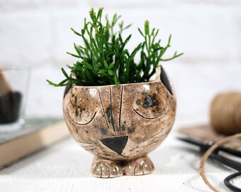 Handmade Ceramic Cat Planter, Animal Decor, Cactus Succulent Pot
