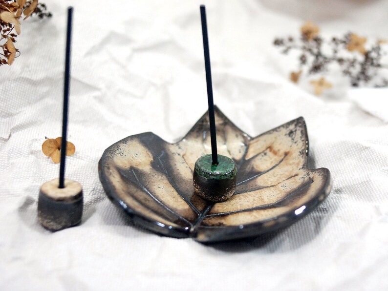 Leaf shape ceramic incense holder ceramic leaf bowl incense dish pottery incense burner ceramic trinket bowl jewelry bowl image 1