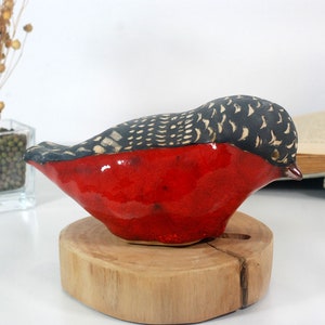 Handmade Red Ceramic Bird Figurine: Home Decor Sculpture