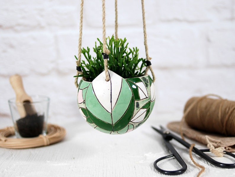 Ceramic hanging planter mini / indoor & outdoor modern hand-painted plant holder succulent cactus planter pot unique planter gift image 2