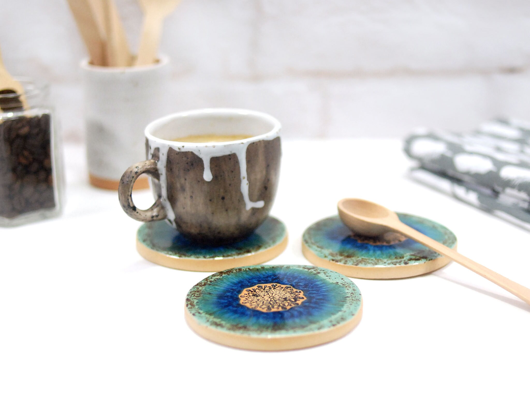 Handmade Ceramic Coaster Set of 3 Blue Crackle Coasters Tile Coasters Spoon  Rest Tealight Holder Kitchen Decor Kitchen Gift 