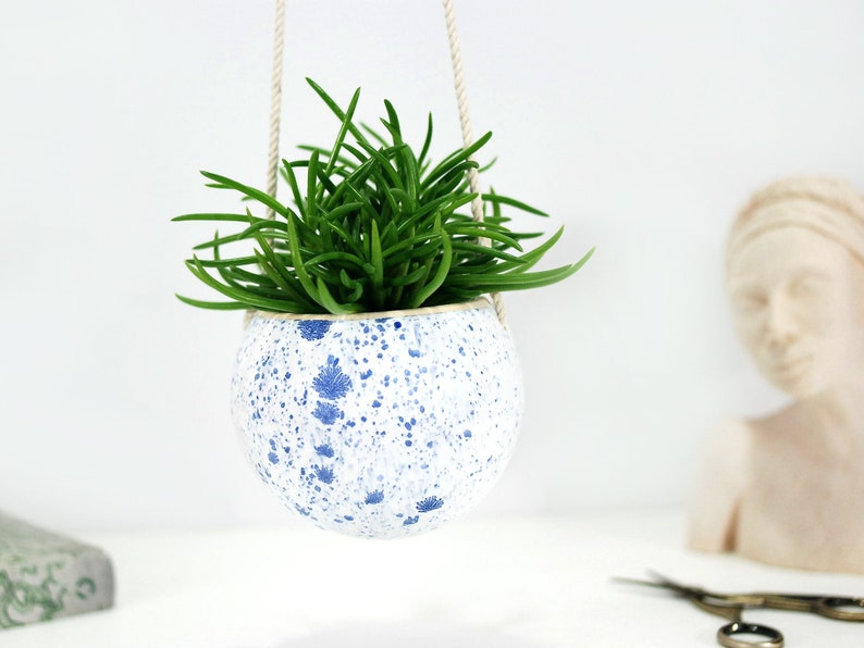 Small white ceramic hanging planter with speckled blue dots wall hanging planter pot succulent planter modern home decor plant gift image 1