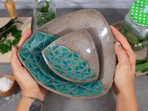 Turquoise Pottery Bowls (Set of 2): Rustic Ceramic Serving Bowls