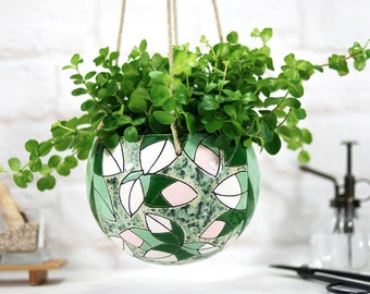 Unique large ceramic hanging planter with hand painted leaf patterns | wall planter | boho home decor | indoor outdoor use | new home gift