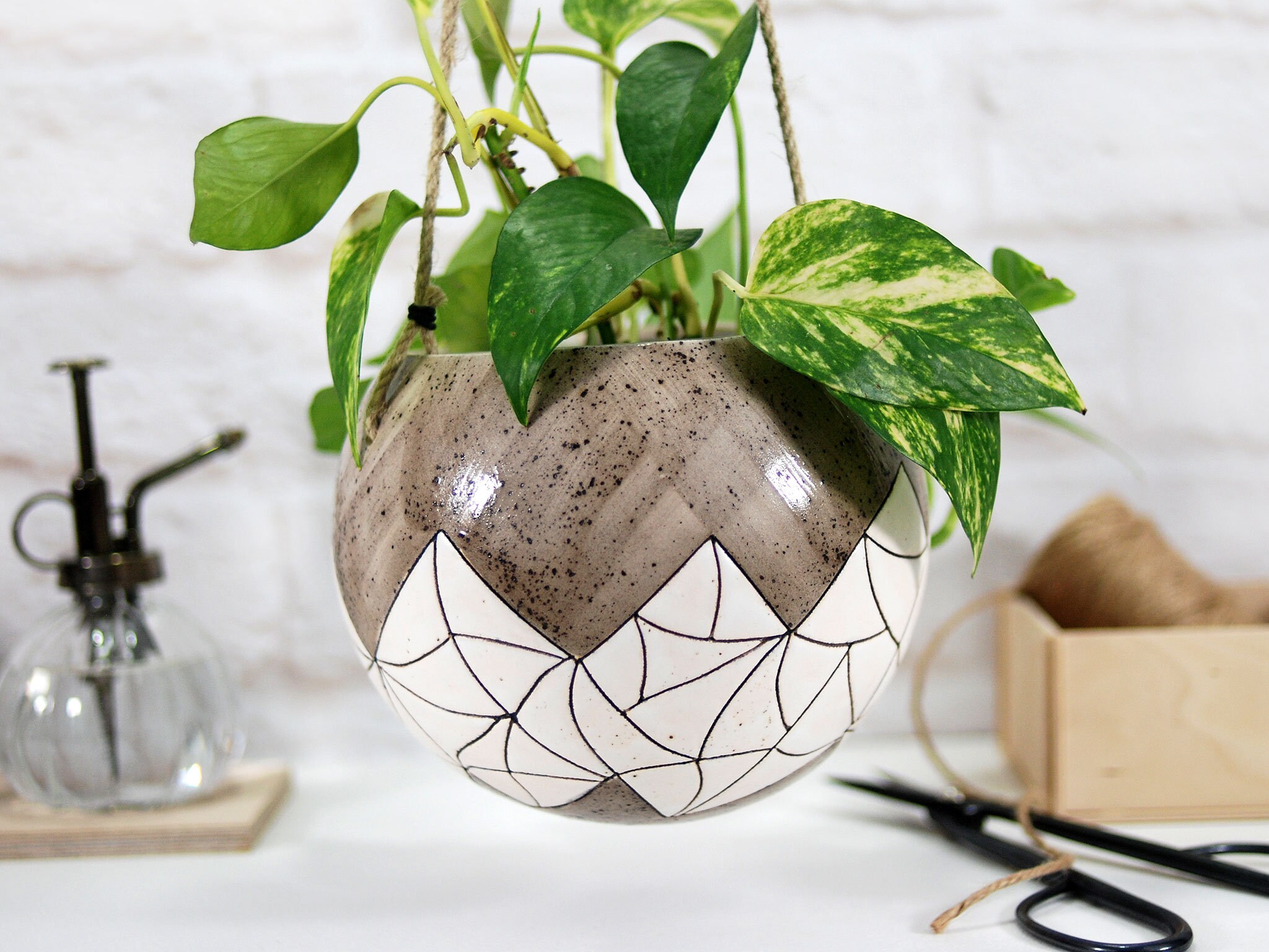 Image of Large ceramic planter with geometric pattern