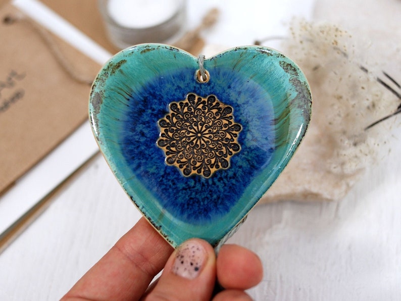 1 Large turquoise ceramic heart decor with mandala hanging heart ornament wall decor heart home decor boho thank you gift image 1