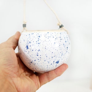 Small white ceramic hanging planter with speckled blue dots wall hanging planter pot succulent planter modern home decor plant gift image 4