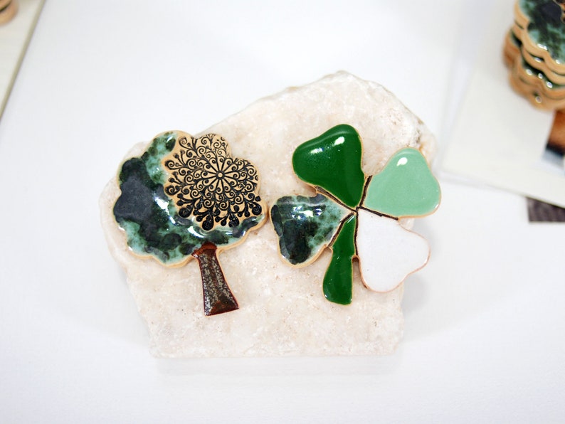 Ceramic fridge magnet // four leaf clover and tree magnet good luck magnet good luck gift refrigerator magnet kitchen magnet image 2