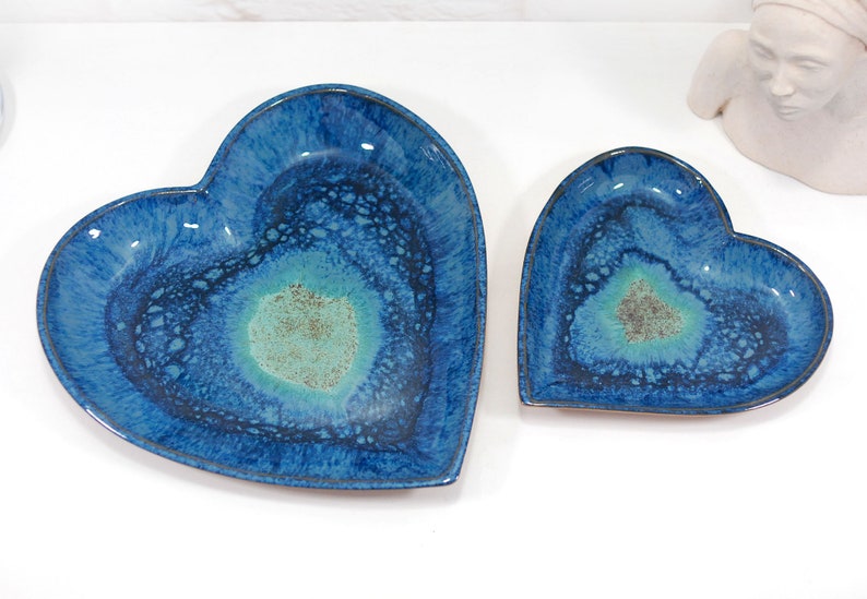 Set of 2 rustic deep blue ceramic heart bowls rustic home decor for kitchen, bedroom or bathroom beautiful gift for mothers day image 1