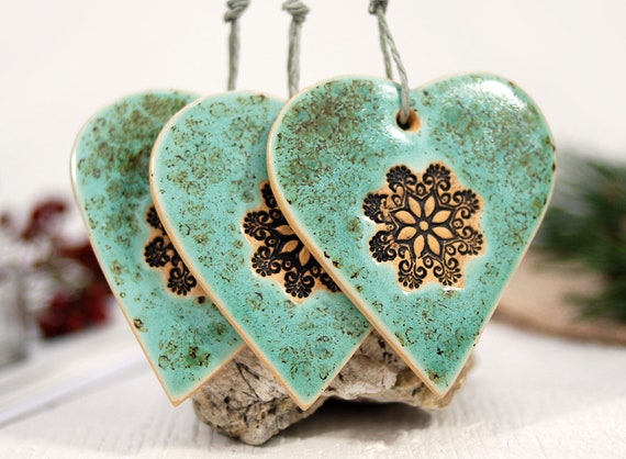Turquoise Ceramic Heart Decoration: Rustic Wall Hanging Decor, Set of 3