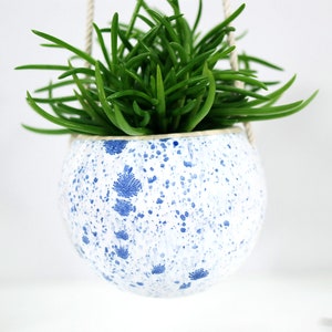 Small white ceramic hanging planter with speckled blue dots wall hanging planter pot succulent planter modern home decor plant gift image 3
