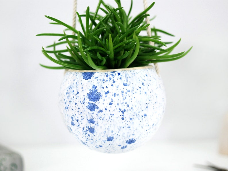 Small white ceramic hanging planter with speckled blue dots wall hanging planter pot succulent planter modern home decor plant gift image 3