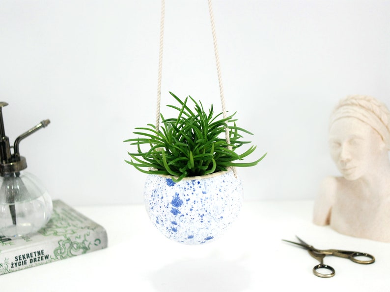 Small white ceramic hanging planter with speckled blue dots wall hanging planter pot succulent planter modern home decor plant gift image 9