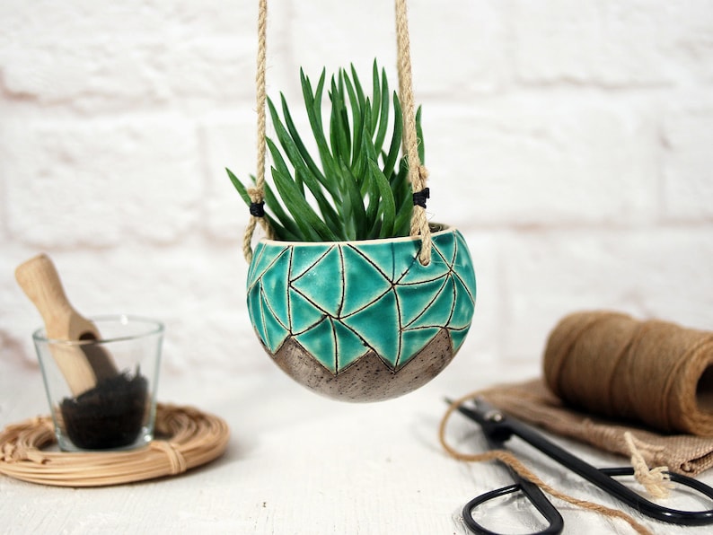 Small Turquoise Ceramic Hanging Planter Wall Hanging Planter Etsy