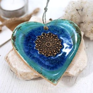 1 Large turquoise ceramic heart decor with mandala hanging heart ornament wall decor heart home decor boho thank you gift image 4
