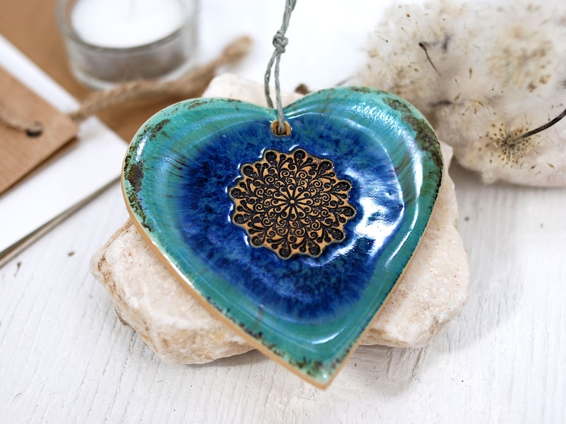 1 Large turquoise ceramic heart decor with mandala hanging heart ornament wall decor heart home decor boho thank you gift image 4