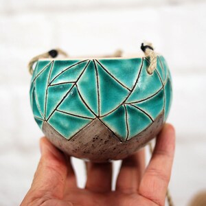 Small turquoise ceramic hanging planter wall hanging planter indoor planter pot succulent planter cactus planter boho wall decor image 3