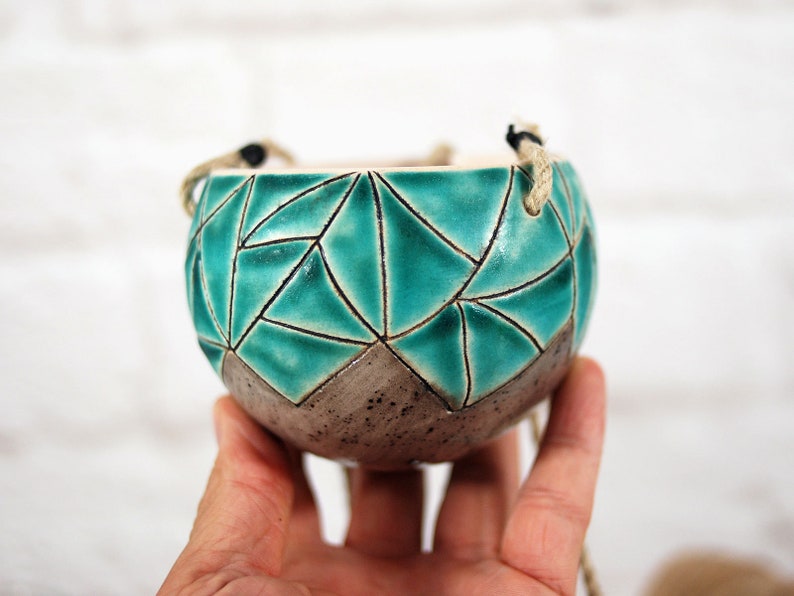 Small turquoise ceramic hanging planter wall hanging planter indoor planter pot succulent planter cactus planter boho wall decor image 3