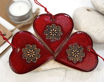 Set of 3 red ceramic heart ornament | hanging heart decor | rustic heart decor | heart wall decor  | gift for her | valentines home decor