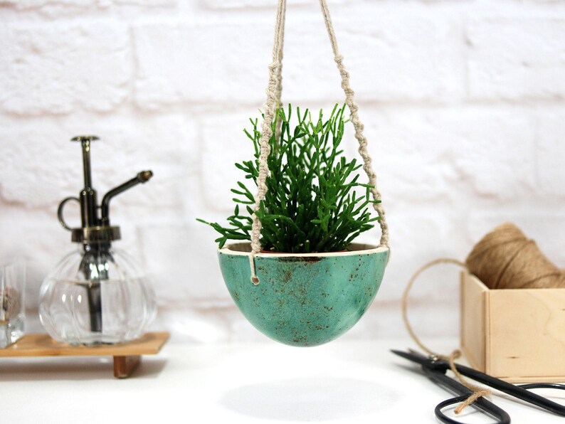 Small turquoise hanging SALENEW very popular! planter with macr Now free shipping plant hanger macrame