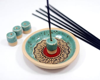 Round ceramic incense holder with mandala pattern - pick your color | pottery incense burner | ceramic trinket bowl | jewelry storage