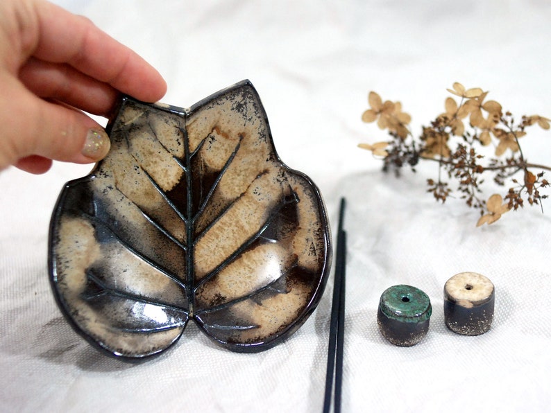 Leaf shape ceramic incense holder ceramic leaf bowl incense dish pottery incense burner ceramic trinket bowl jewelry bowl image 3