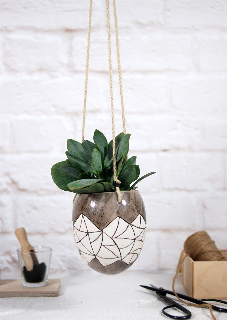 Hanging ceramic planter // hand carved & hand-painted texture ceramic plant pot for succulents, air plants, cactus gift for plant lover image 9
