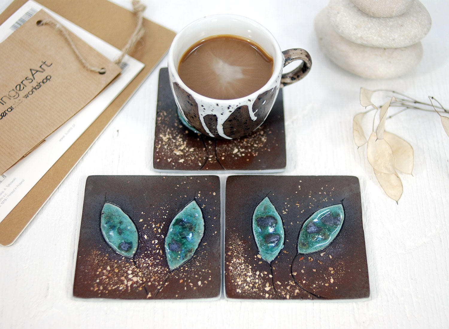 Set of 3 ceramic coasters square brown coasters tile Etsy