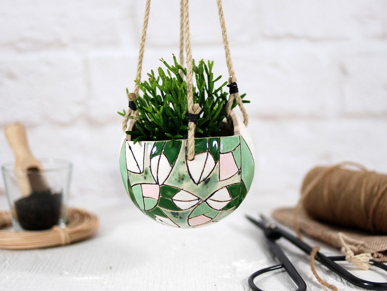 Ceramic hanging planter mini / indoor & outdoor modern hand-painted plant holder succulent cactus planter pot unique planter gift image 1