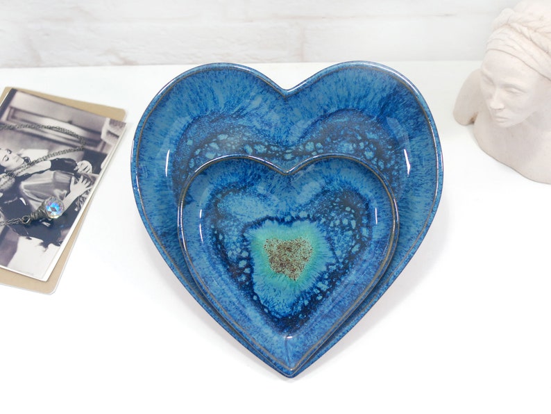Set of 2 rustic deep blue ceramic heart bowls rustic home decor for kitchen, bedroom or bathroom beautiful gift for mothers day image 4