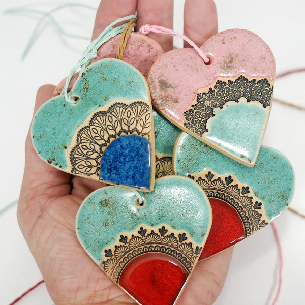 Ceramic handmade heart ornament set of 3 | wall hanging decor | heart ornaments | bedroom wall decor | thank you gift | valentine decor