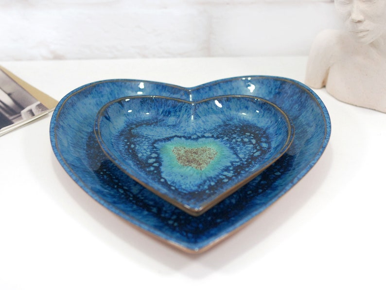 Set of 2 rustic deep blue ceramic heart bowls rustic home decor for kitchen, bedroom or bathroom beautiful gift for mothers day image 5