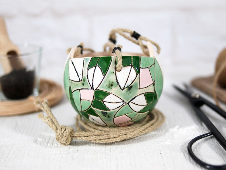 Ceramic hanging planter mini / indoor & outdoor modern hand-painted plant holder succulent cactus planter pot unique planter gift image 3